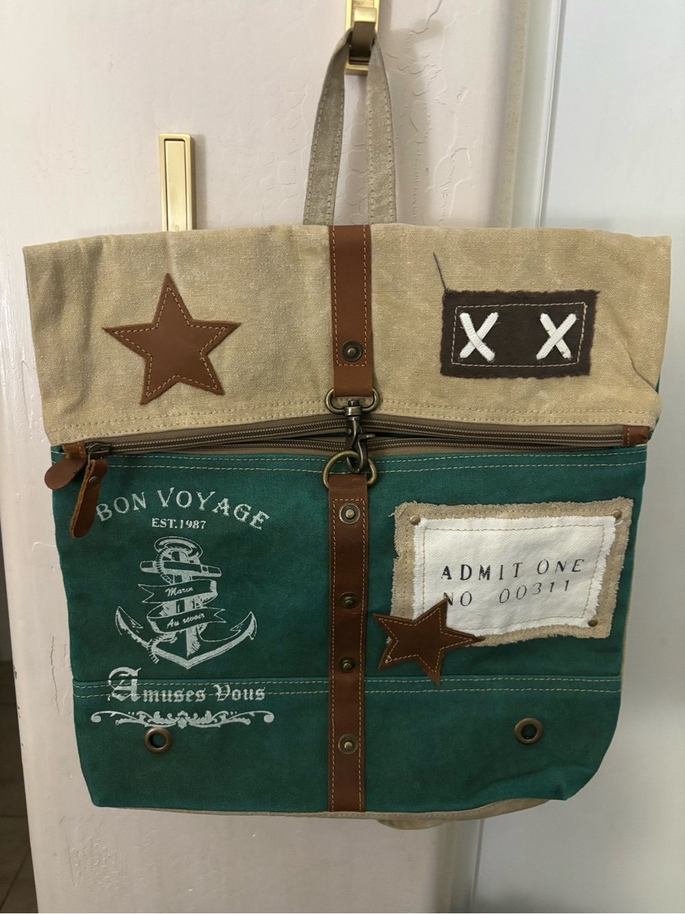 NWT Mayra Canvas Green & Beige Star Pacer Travel Tote Bag -